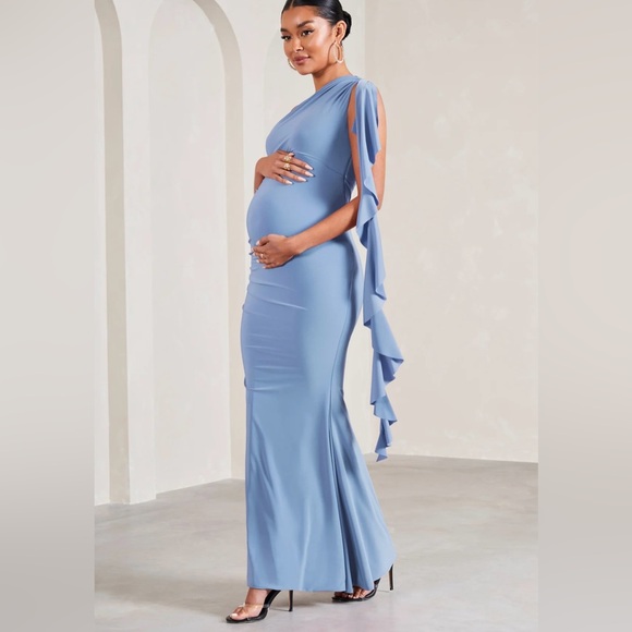 Club L London Dresses & Skirts - Cornflower Blue One-Shoulder Maternity Maxi Dress With Ruffles